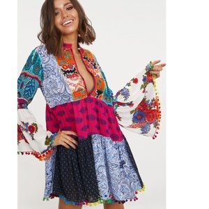 Multi long sleeve Plunge Embroidered dress